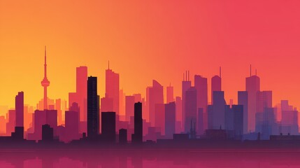 Abstract cityscape silhouette against a vibrant orange, pink, and purple gradient sky