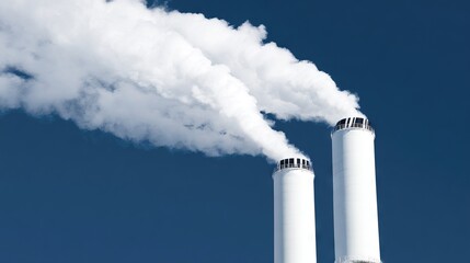 Industrial smokestacks releasing white steam into a clear blue sky, showcasing environmental impact and energy production in a modern industrial landscape