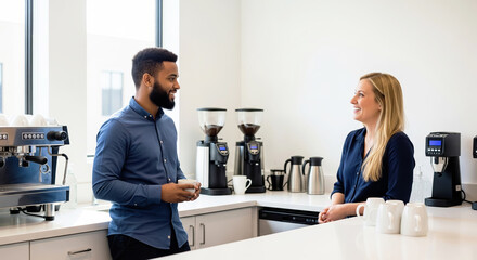 Two diverse colleagues enjoying a conversation in a well-equipped, modern office kitchen.