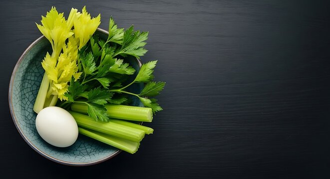 Hard-Boiled Egg and Fresh Celery with Parsley Leaves in Rustic Bowl &ndash; Karpas Ritual Vegetable for Passover Seder on Dark Wooden Surface