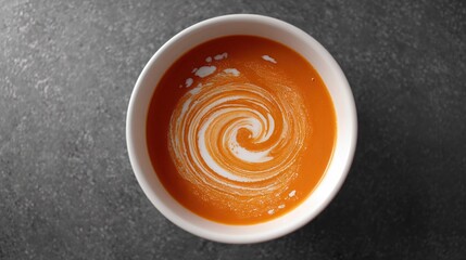   An overhead view of a bowl of soup with a swirl in its center, set against a dark background