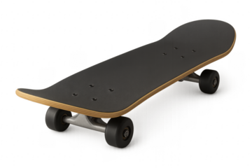 Black skateboard on transparent background showing its parts