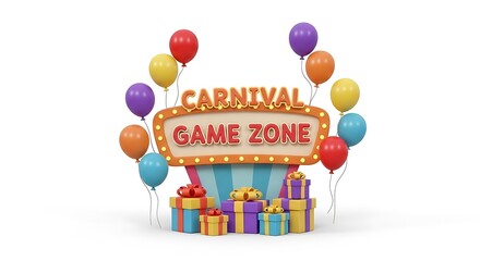 Carnival Game Zone Sign with Balloons and Gift Boxes