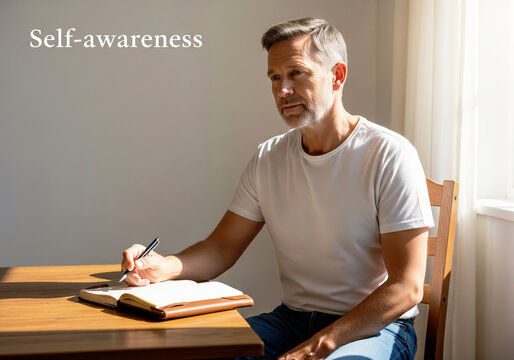 The concept of Self-awareness, with a thoughtful middle-aged man writing his thoughts in a notebook at home.