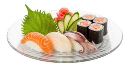 Freshly prepared sushi assortment on a clear plate showcasing vibrant colors and exquisite details, transparent background, cutout PNG