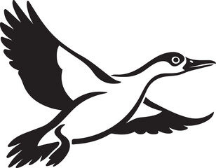 Duck in flight silhouette bird vector, Flying black duck on white background
