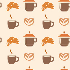 Obraz premium Trendy coffee pattern featuring cups, beans, and moka pots in a modern line and flat icon style.