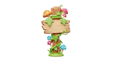 Cartoon Wooden Sign with Mushrooms and Vine - Fairy Tale Concept