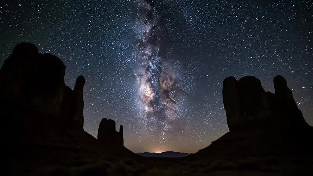 Night sky timelapse with stars and Milky Way over desert landscape.