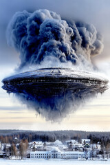Ominous alien invasion scene with a huge UFO and dark smoke cloud appearing over a snowy landscape.