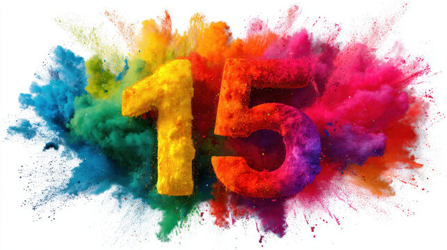 15temmuz for powerful colours signs editable pride vote occasion concept. Colorful number 15 with vibrant powder explosion, festive and energetic celebration style
