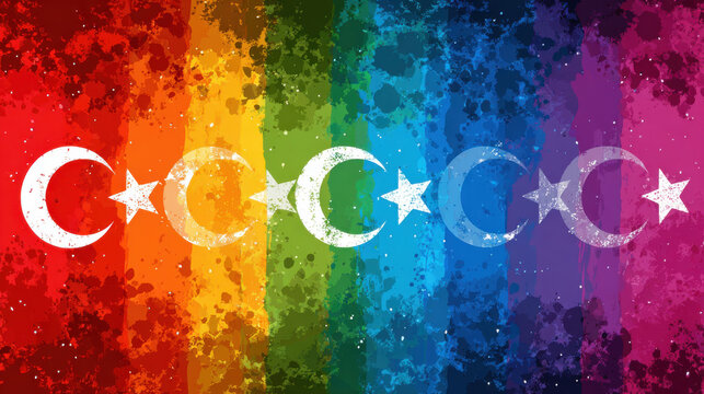 15temmuz for powerful colours signs editable pride vote occasion concept. Rainbow grunge background with crescent moon and star symbols in row, symbolizing diversity
