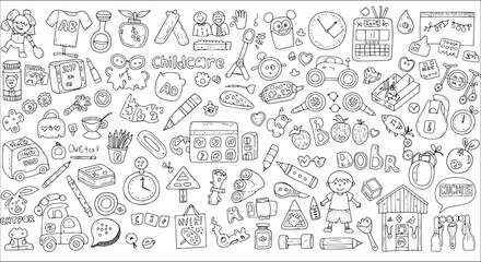 Detailed black and white doodle art illustrating various aspects of childcare, education, and childhood play with numerous objects, toys, and happy characters.