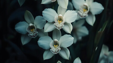 A close up shot of several white orchids with yellow centers on a dark background in soft lighting