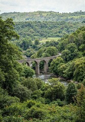 Arched stone bridge over calm river