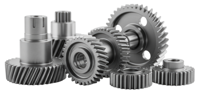 Collection of metal gears and machinery components arranged on a white surface transparent background, cutout PNG