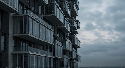 Urban architecture and modern living reflected in a residential building fa?ade under a cloudy sky