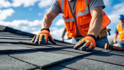 Construction workers installing asphalt shingles on a residential roof, wearing safety gloves and vests under a bright sky. Concept of roofing, construction, and home improvement.