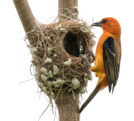 Vibrant orange bird perched beside intricately woven nest on a tree branch transparent background, cutout PNG