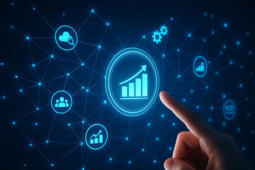 Digital growth and network analytics, business success, data analysis, online performance, and technology integration for progress