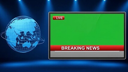 Breaking news screen with green background and globe on blue background with spotlights above - Powered by Adobe
