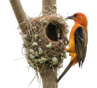 Vibrant orange bird perched beside intricately woven nest on a tree branch transparent background, cutout PNG