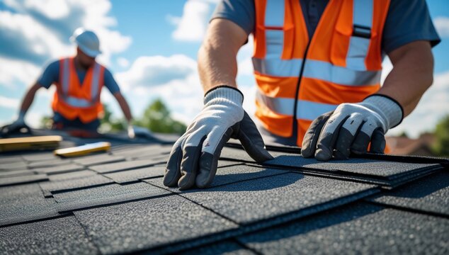 Construction workers installing asphalt shingles on a residential roof, wearing safety gloves and vests under a bright sky. Concept of roofing, construction, and home improvement.