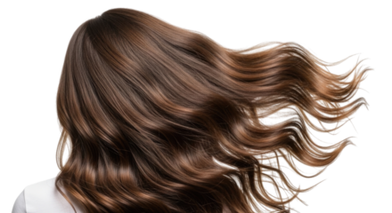 Long, flowing brunette hair with soft waves showcased against a transparent background, cutout PNG