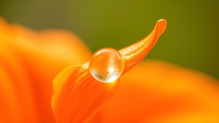 Macro view of an orange flower petal with a water droplet, capturing the beauty of nature in morning light.
