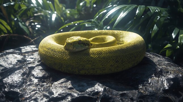 Coiled Majestic Lemon Yellow Python Portrait: High-Detail Reptile