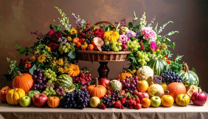Vibrant Still Life Composition Featuring Abundant Harvest Fruits Vegetables and Colorful Flowers Arranged on a Table Against Brown Background