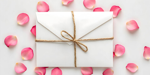 Envelope styled with rose petals and rustic twine