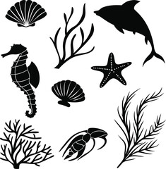 Collection of black silhouette marine life and seaweed illustrations