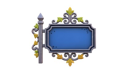 Ornate Blue Sign Board on Post with Leaf Decor Isolated