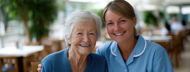 A nurse and an elderly woman enjoy time together, smiling and embracing in a cozy living room at a senior care facility