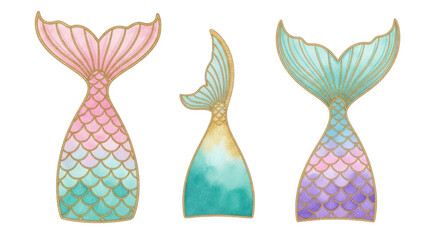 Colorful mermaid tails with gradient designs in various styles and sizes transparent background, cutout PNG