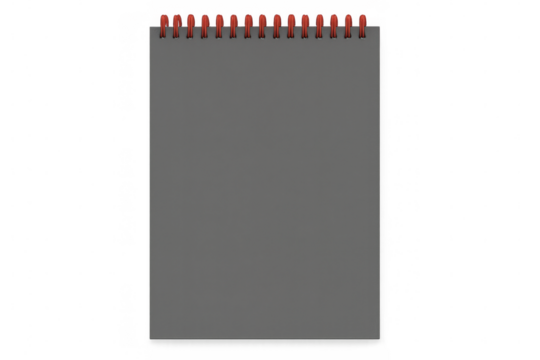 Simple gray notepad with red spiral binding isolated on transparent background, perfect for adding notes and reminders to designs