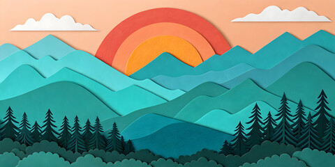 Teal mountain sunrise cut paper illustration landscape