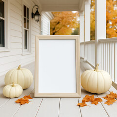 a halloween vertical frame mockup on a decorated front porch with bright beige pumpkins