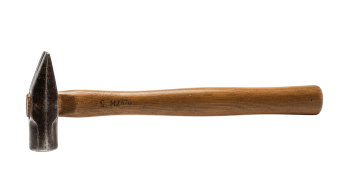 Hammer with wooden handle and metal head in isolated view, transparent background, cutout PNG