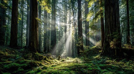 Obraz premium Sunlight streams through ancient forest (1)