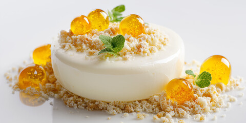 White chocolate mousse with citrus gel and almond crumble, molecular fine dining platin