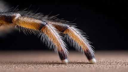 Close up of tarantula hairy legs on textured surface