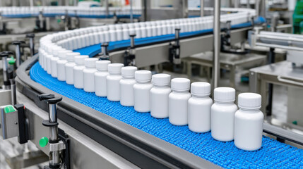 Clean, bright pharmaceutical production line with orderly white bottles on blue conveyor belt