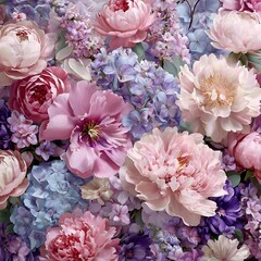 Floral Symphony: An artistic composition of peonies and hydrangeas. A close-up perspective reveals the intricate details of these delicate blooms, showcasing their vibrant hues and layered petals.