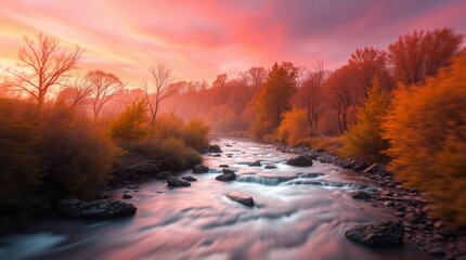 Naklejka premium A river flows amid autumn trees under a red and orange sky surrounded by rocks