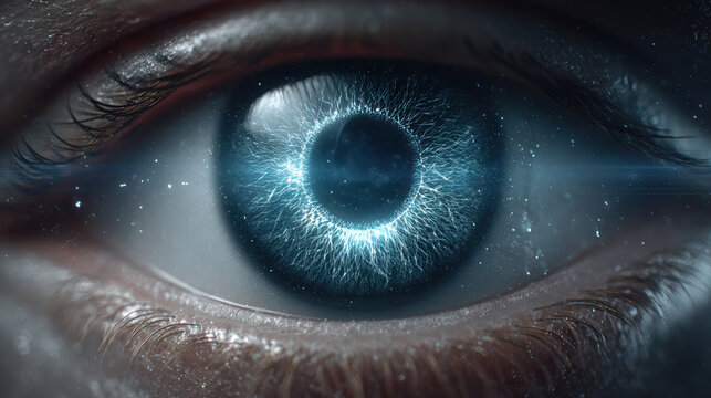 Close up of human eye with futuristic, glowing blue iris, evoking sense of technology and wonder