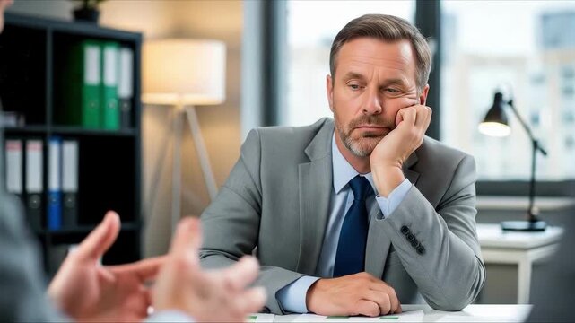 A middle aged businessman sits in a modern office looking bored and uninterested during a business meeting, highlighting disengagement at work.