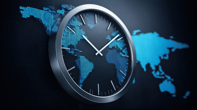 Large wall clock with world map background symbolizes global time zones