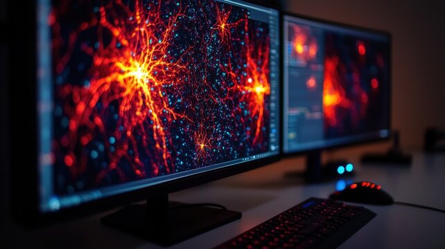 Dual monitors display vibrant neural network patterns and data visualizations in a dark room with a keyboard and mouse nearby.